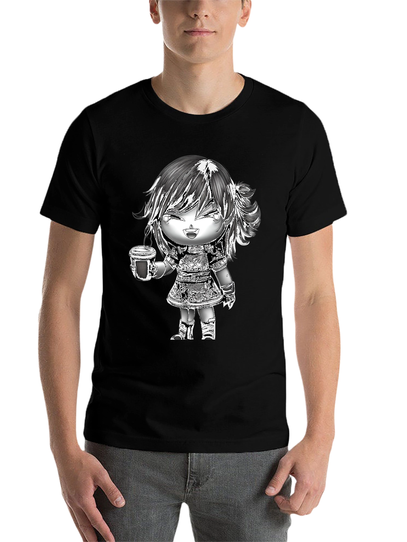 Black Anime Girl Coffee T-Shirt - Black Cotton Tee view 7