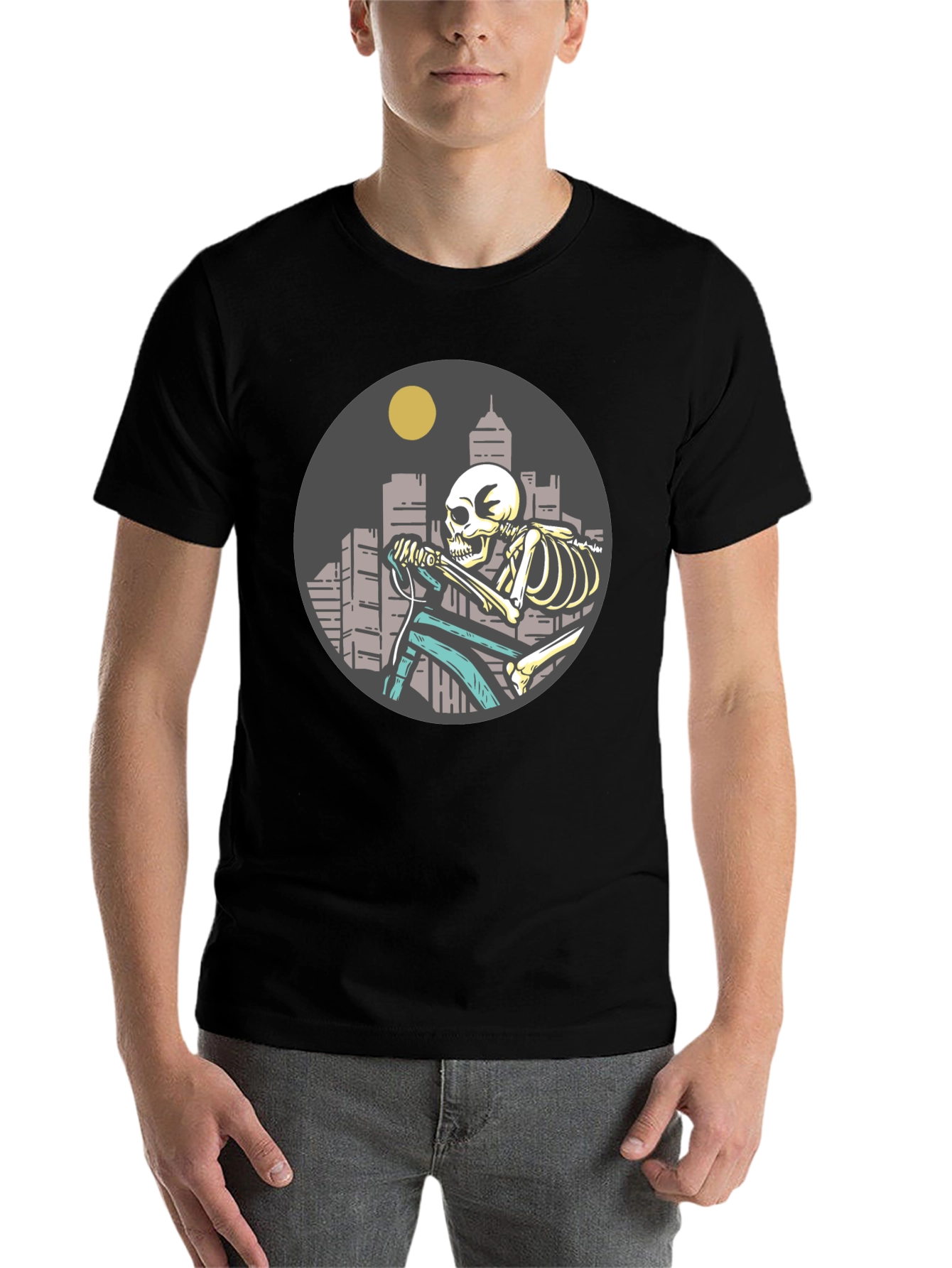 Black Skeleton Riding Bike T-Shirt - Cityscape Design view 7