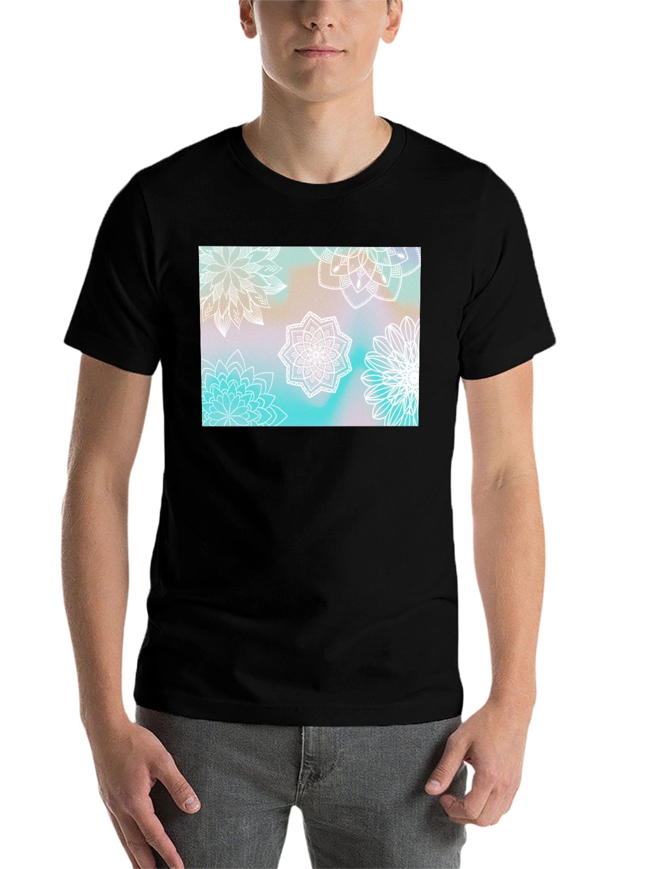 Black Floral Mandala Print Black T-Shirt view 7