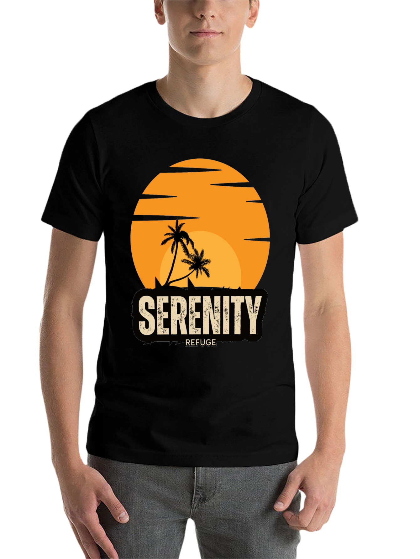 Black Serenity Refuge T-Shirt - Tropical Palm Tree Sunset Tee view 7