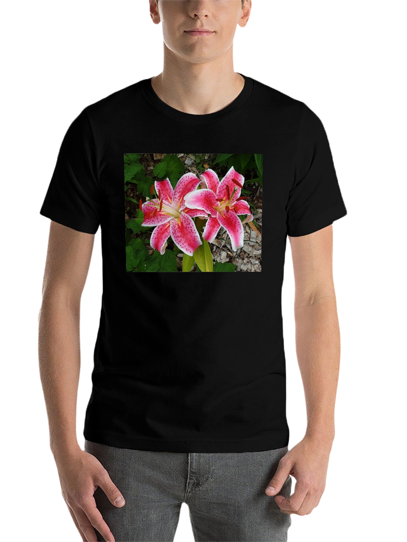 Black Floral Lily Print Black T-Shirt view 7