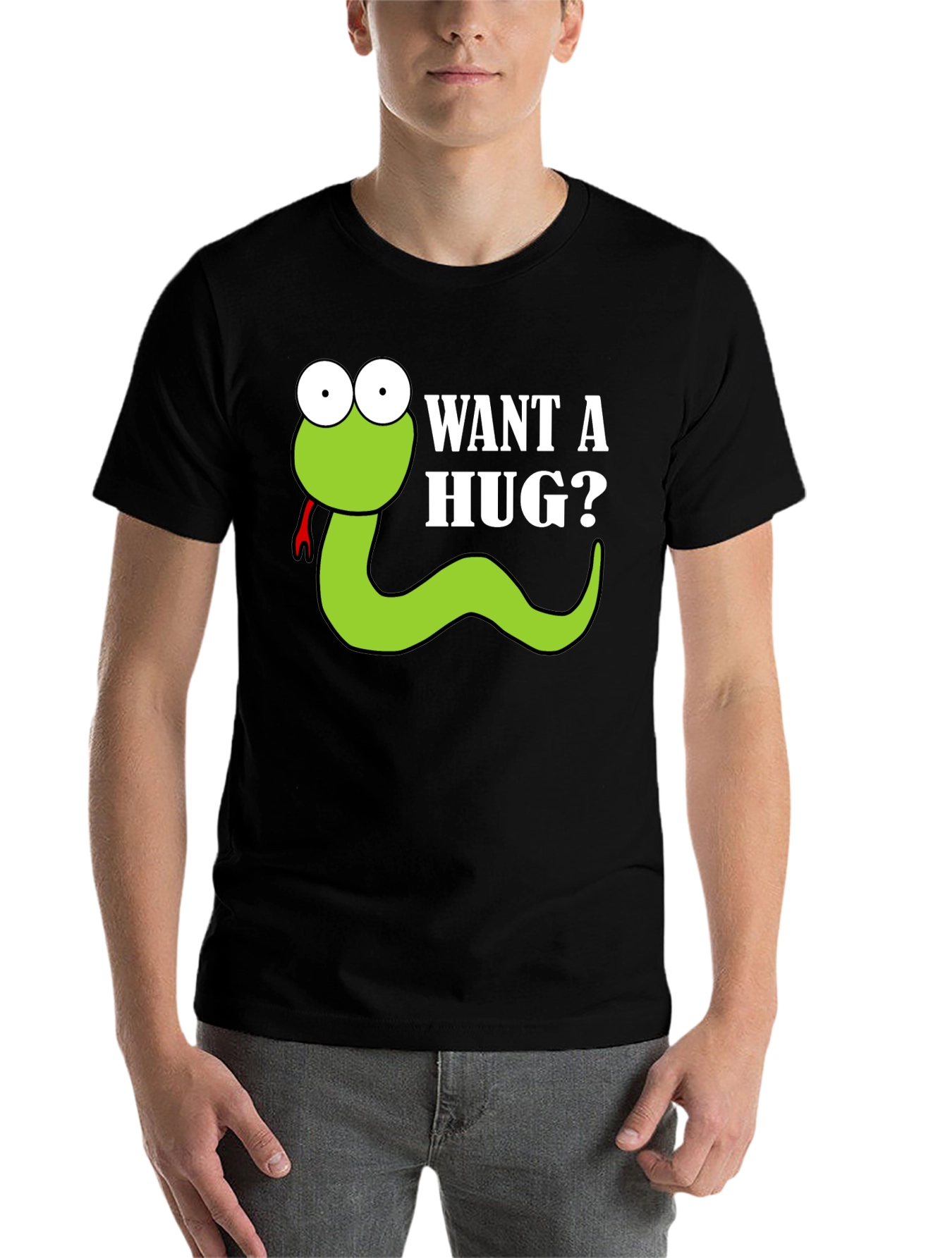 Black Want a Hug? Funny Snake Cartoon Graphic T-Shirt view 7