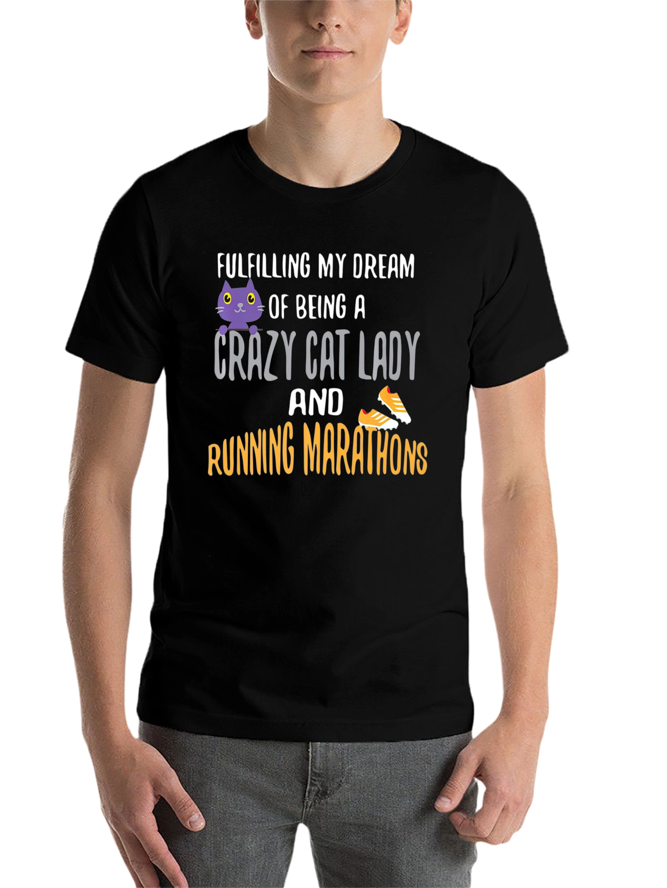 Black Crazy Cat Lady Running Marathon T-Shirt view 7