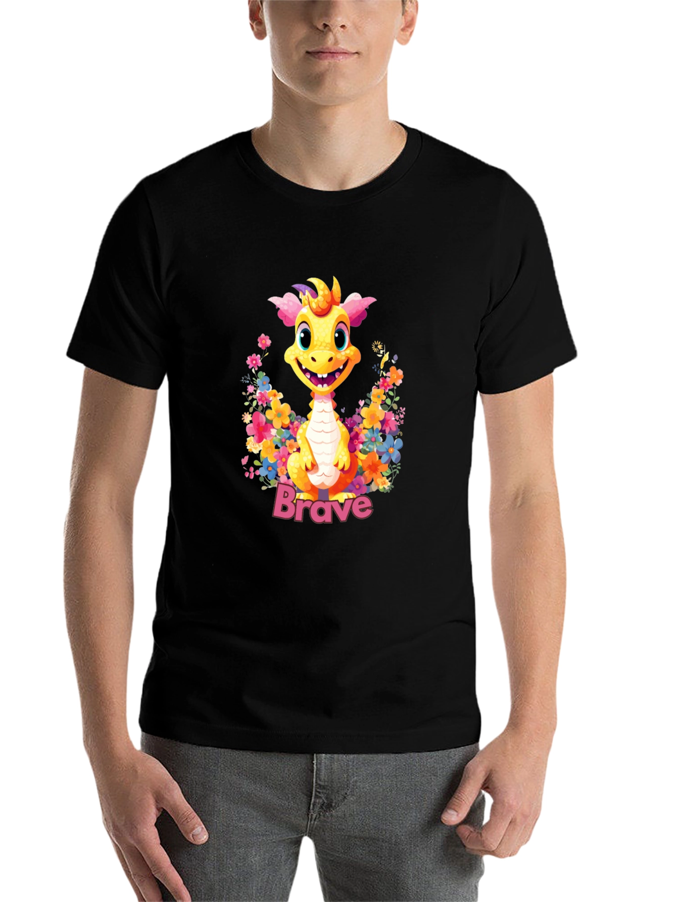 Black Brave Dragon Graphic Tee - Cute Floral Design view 7