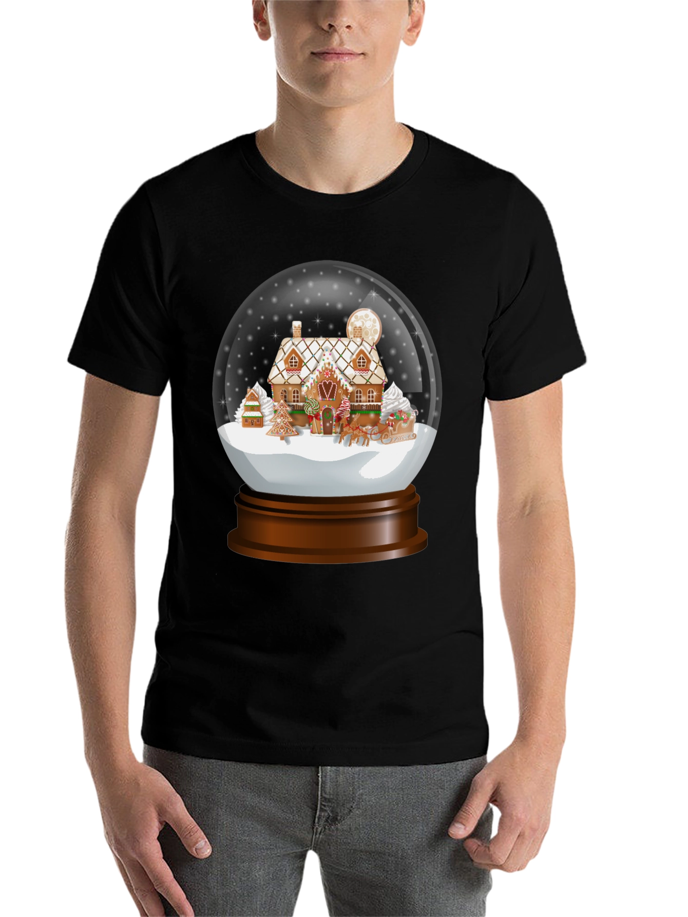 Black Gingerbread House Snow Globe Graphic Tee view 7