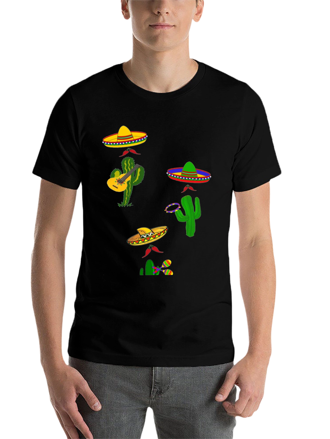 Black Festive Fiesta T-Shirt: Sombreros, Cacti, and Musical Fun view 7