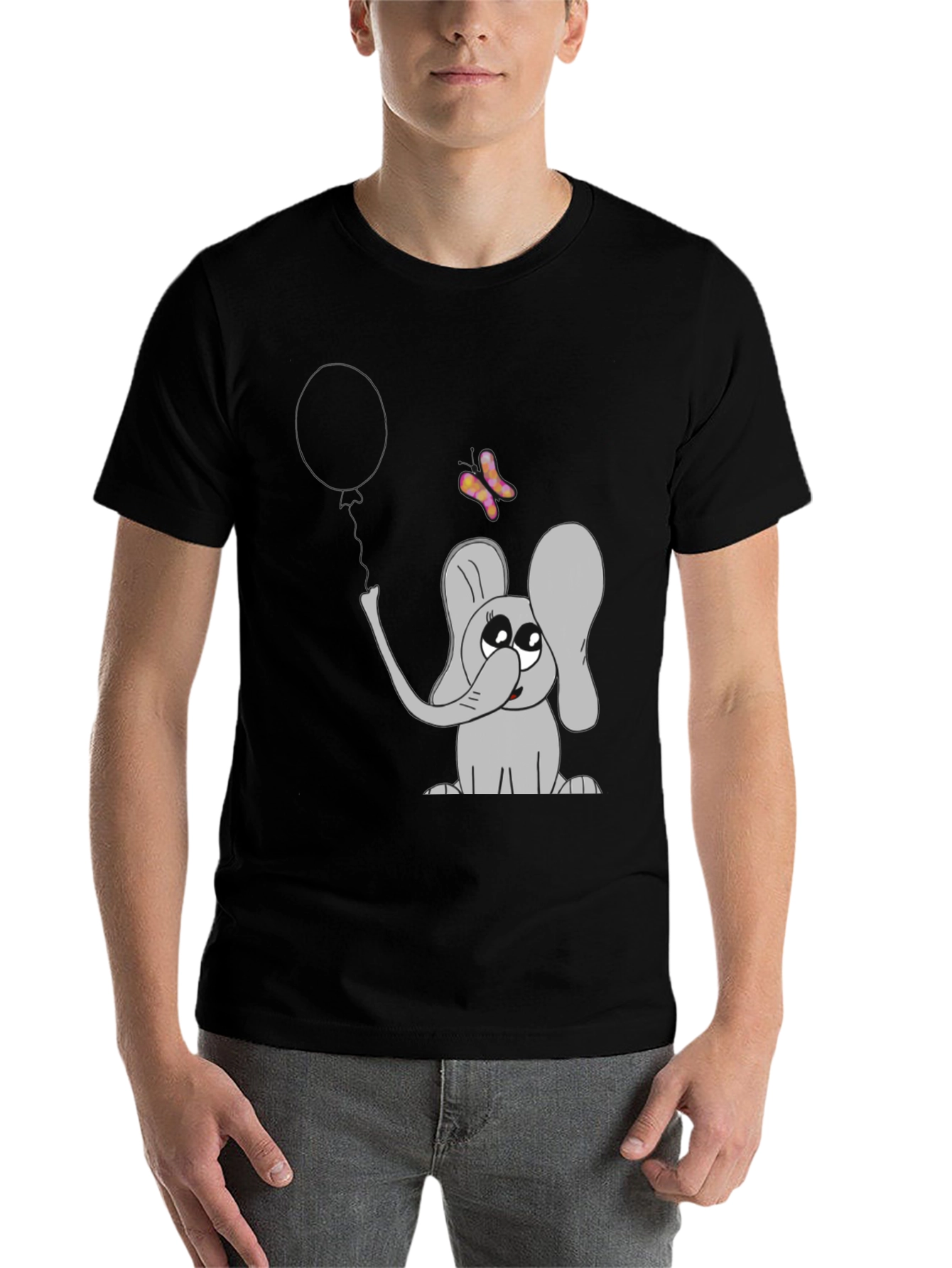 Black Cute Elephant Graphic Tee - Balloon & Butterfly Design view 7