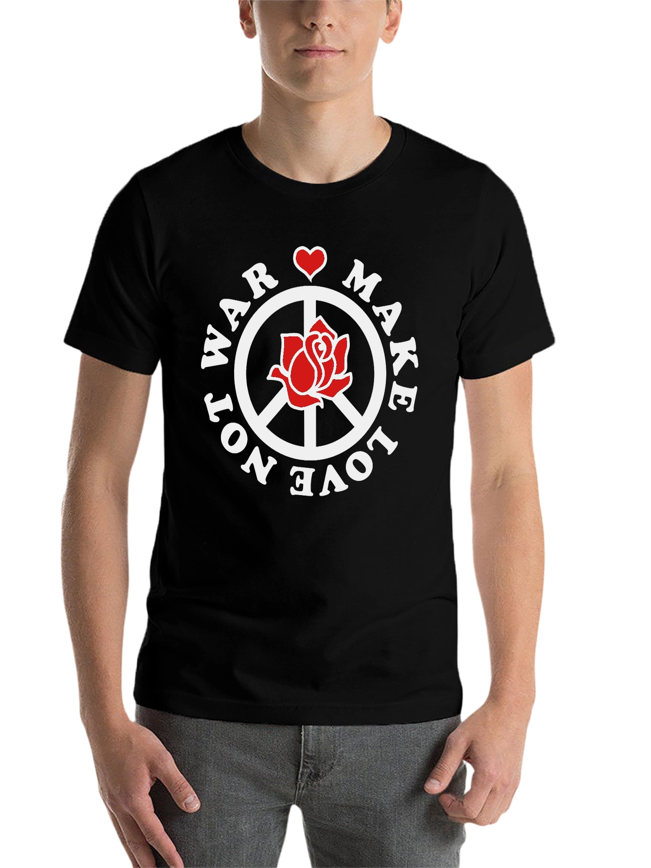 Black Make Love Not War T-Shirt Peace Sign Rose Graphic view 7
