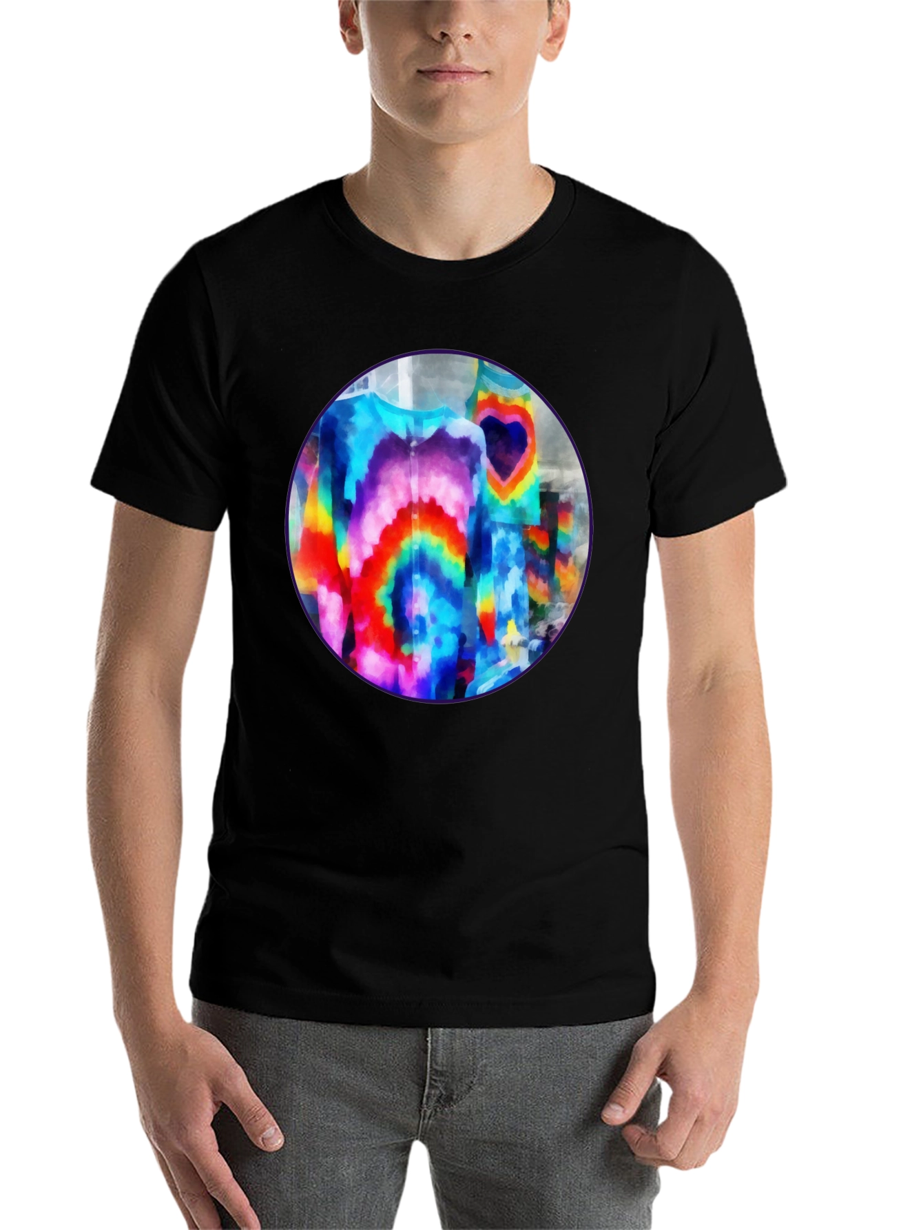 Black Vibrant Tie-Dye Graphic Tee - Bold Black Cotton T-Shirt view 7