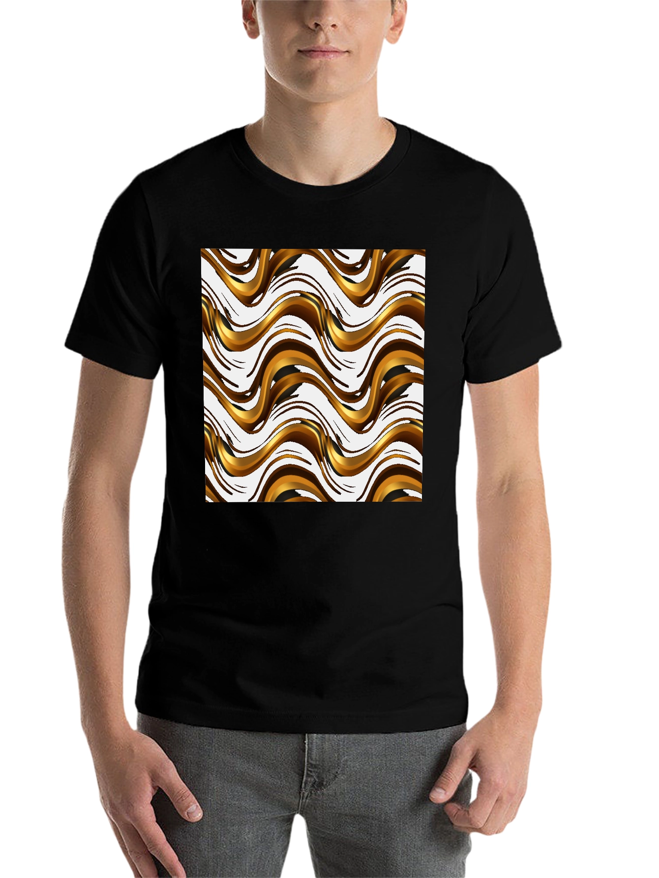 Black Stylish Black Tee with Abstract Gold Wave Design view 7