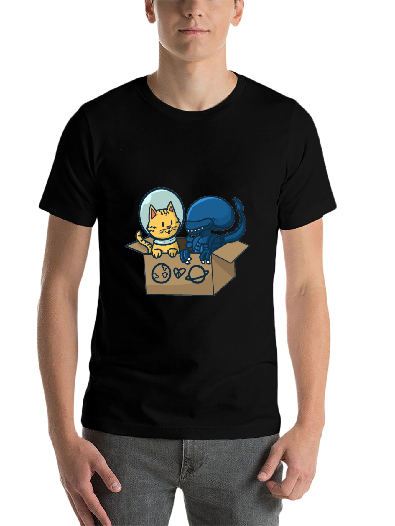 Black Cosmic Critters T-Shirt: Cat & Alien in Space! view 7