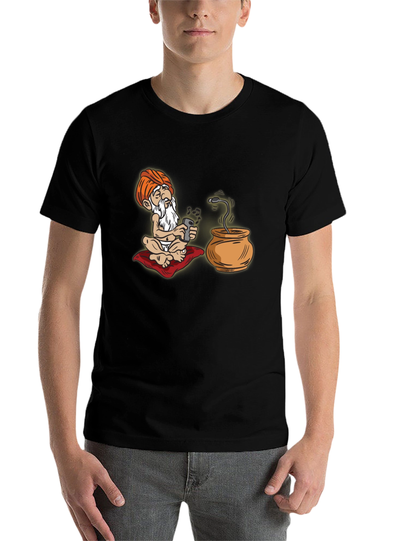 Black Cartoon Guru Tech T-Shirt - Funny Graphic Tee view 7