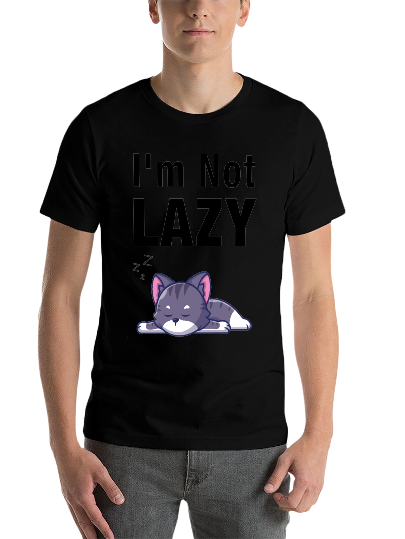 Black I'm Not Lazy Cat T-Shirt - Comfortable Cotton Blend view 7