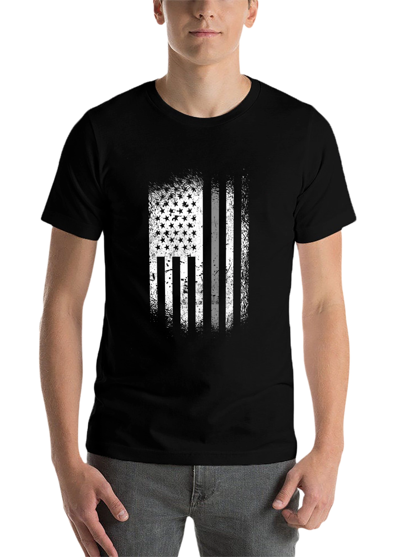 Black American Flag Distressed Graphic T-Shirt view 7