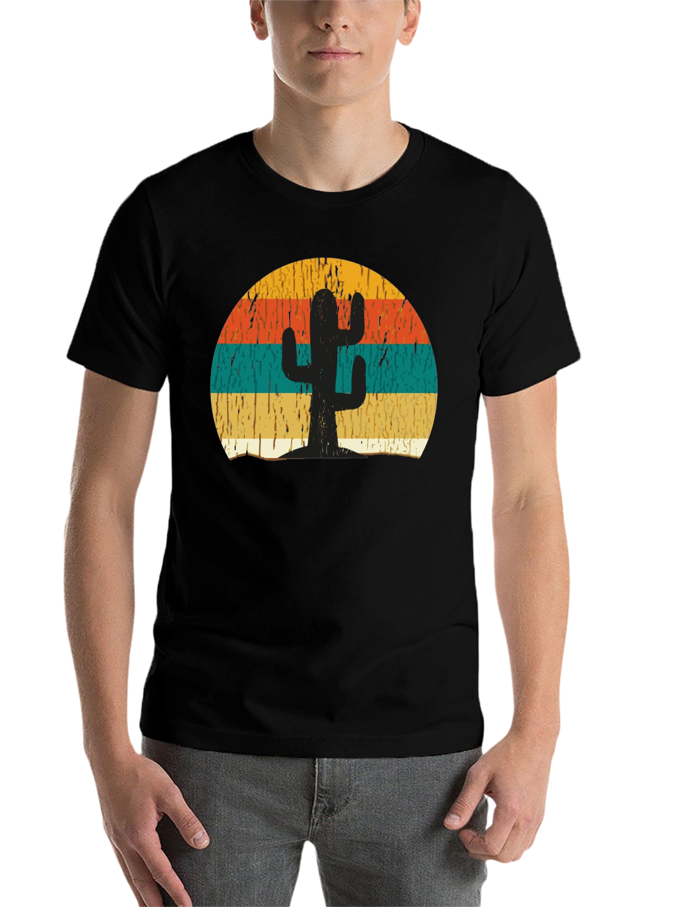 Black Retro Cactus Sunset Graphic T-Shirt view 7