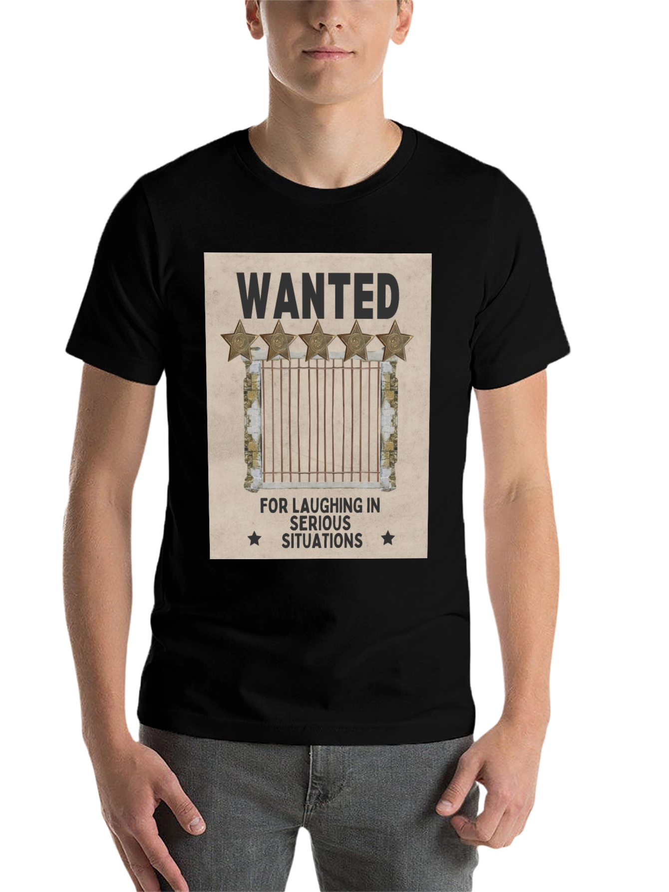 Black Wanted: Laughing in Serious Situations Graphic T-Shirt view 7