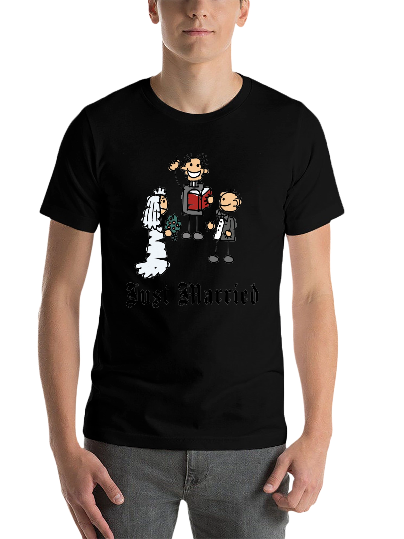 Black Just Married Cartoon Graphic T-Shirt - Novelty Wedding Tee view 7