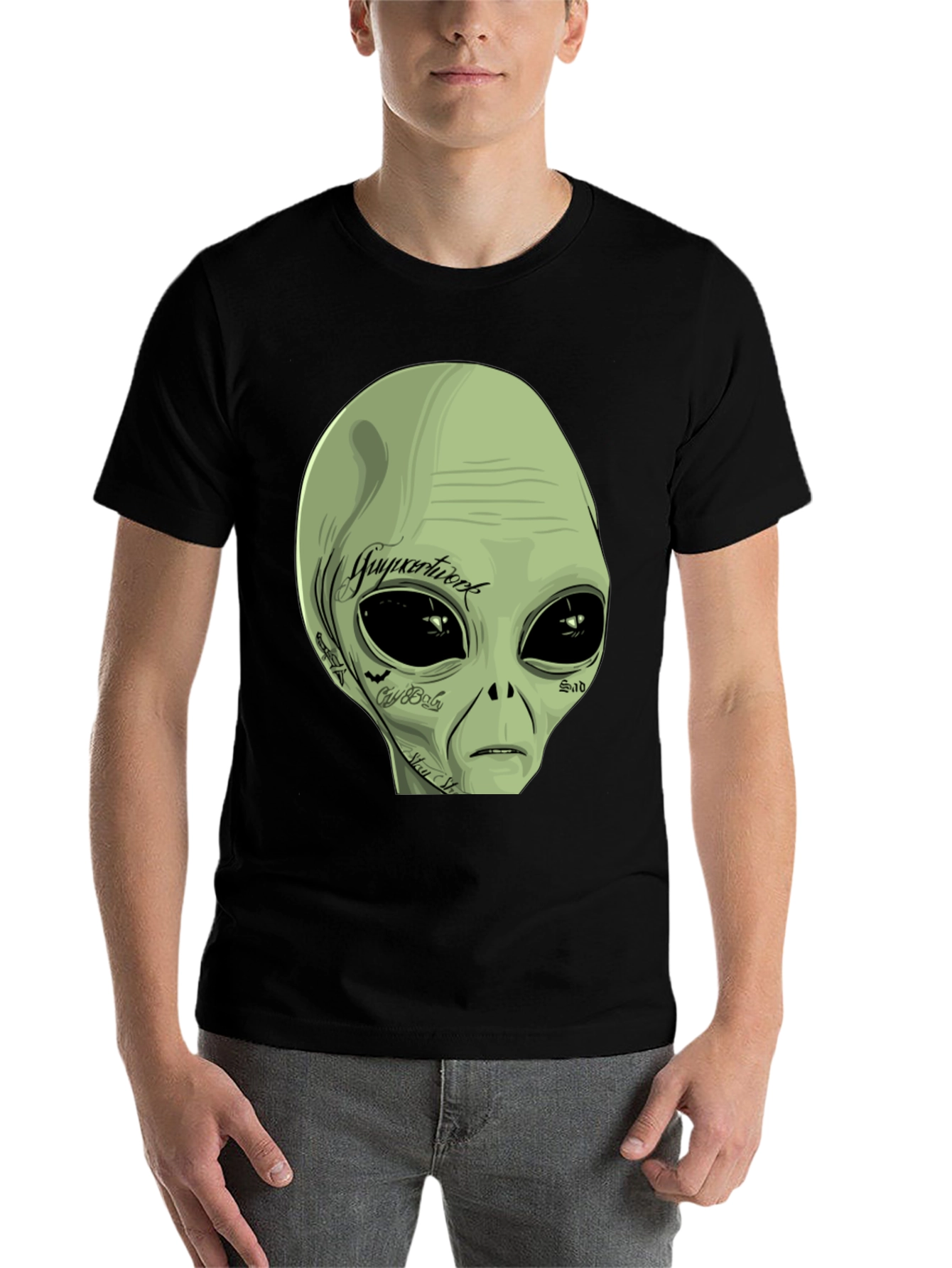 Black Tattooed Alien Graphic Tee - Black Cotton Casual T-Shirt view 7