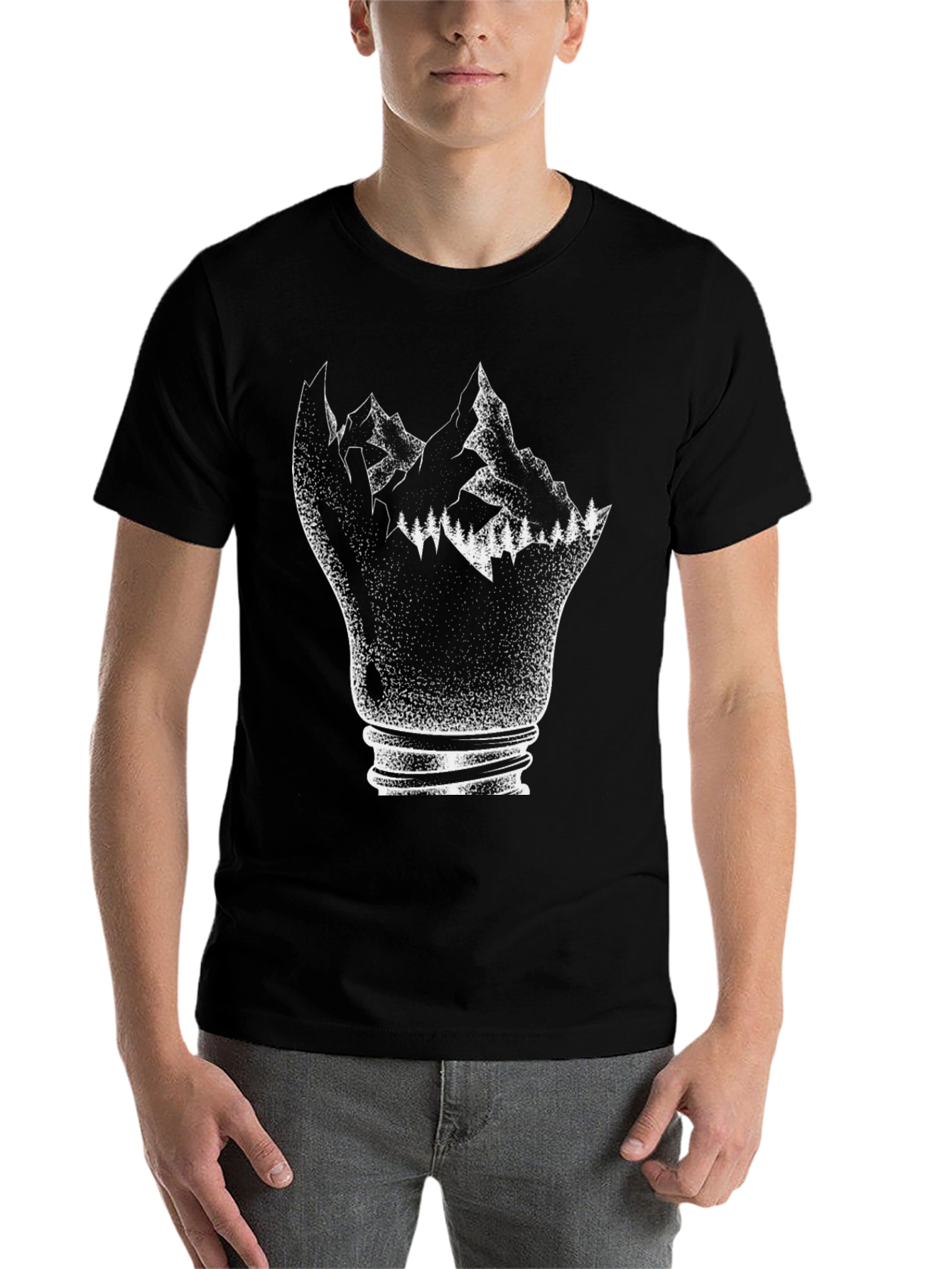 Black Mountainscape Bulb Graphic T-Shirt - Unique Design view 7