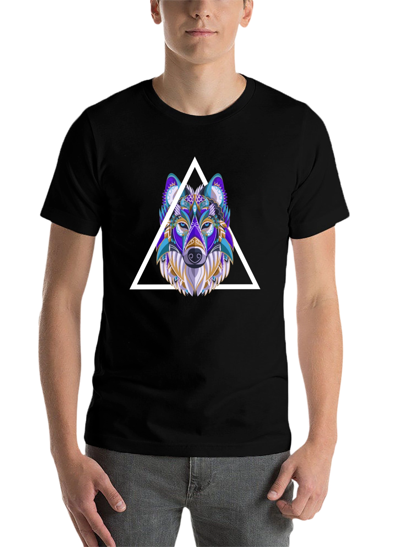 Black Wolf Graphic Tee - Geometric Style Black T-Shirt view 7
