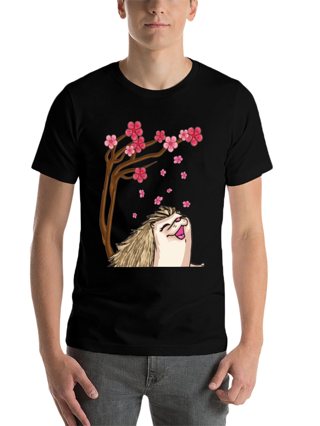 Black Hedgehog Sakura Tree Black T-Shirt view 7