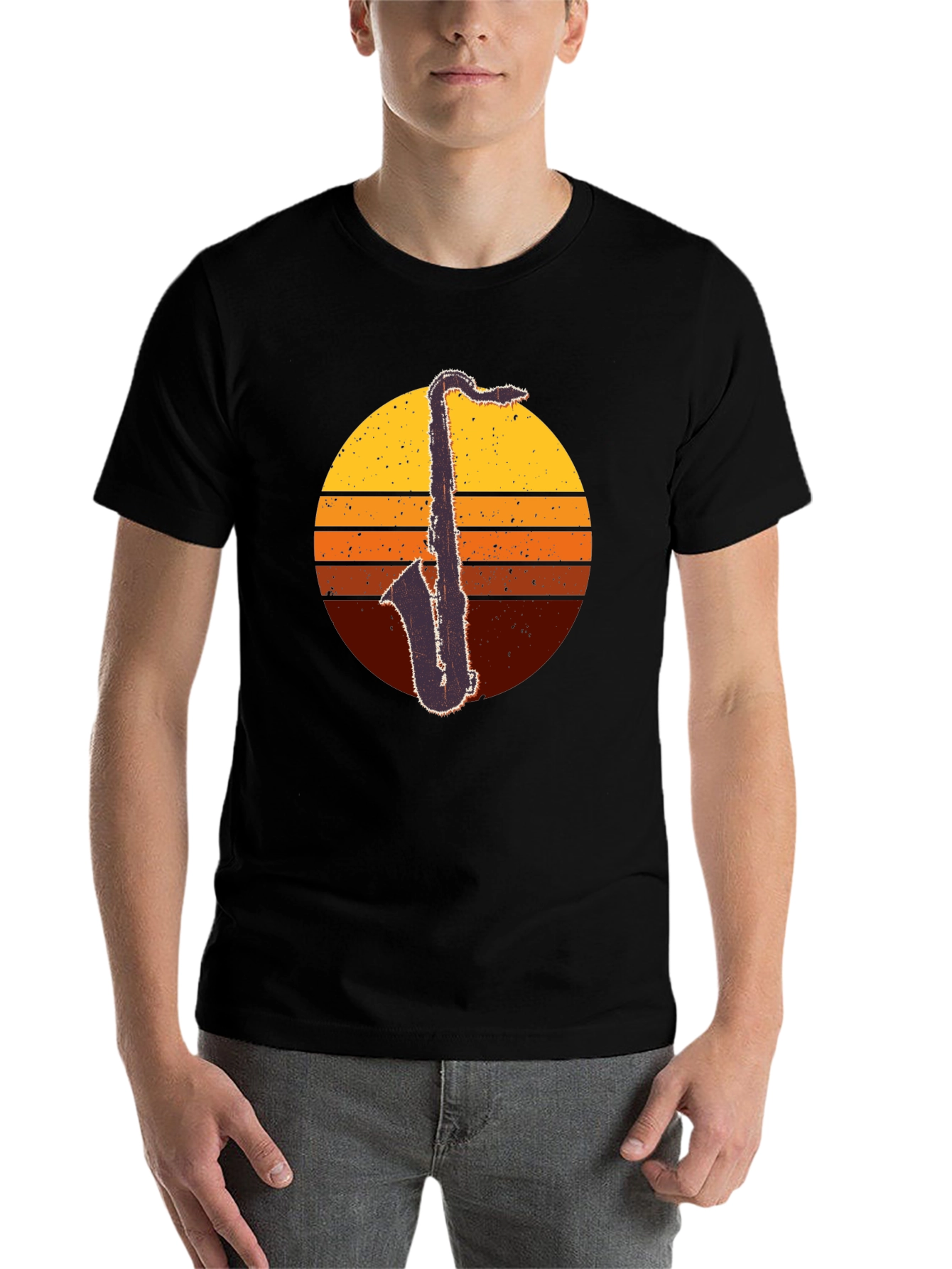 Black Retro Saxophone Sunset T-Shirt - Classic Cool view 7