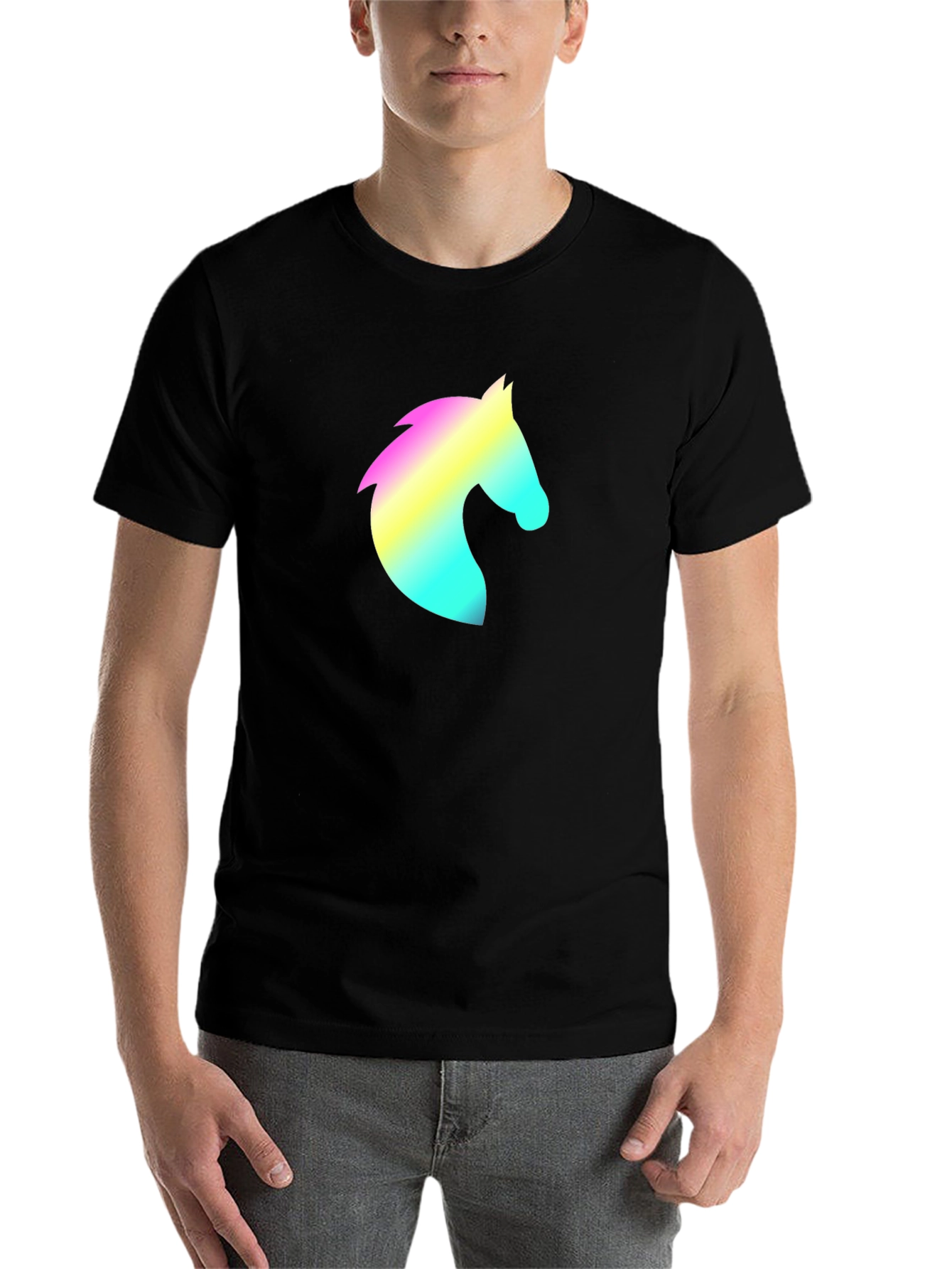 Black Men's Black T-Shirt with Rainbow Horse Head Design view 7
