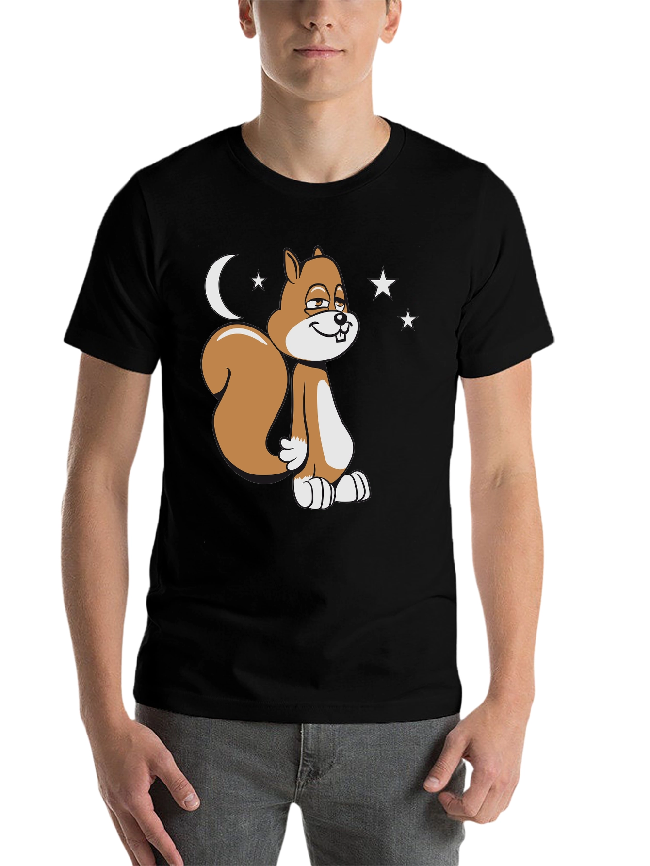 Black Funny Squirrel Moon Stars Graphic T-Shirt view 7