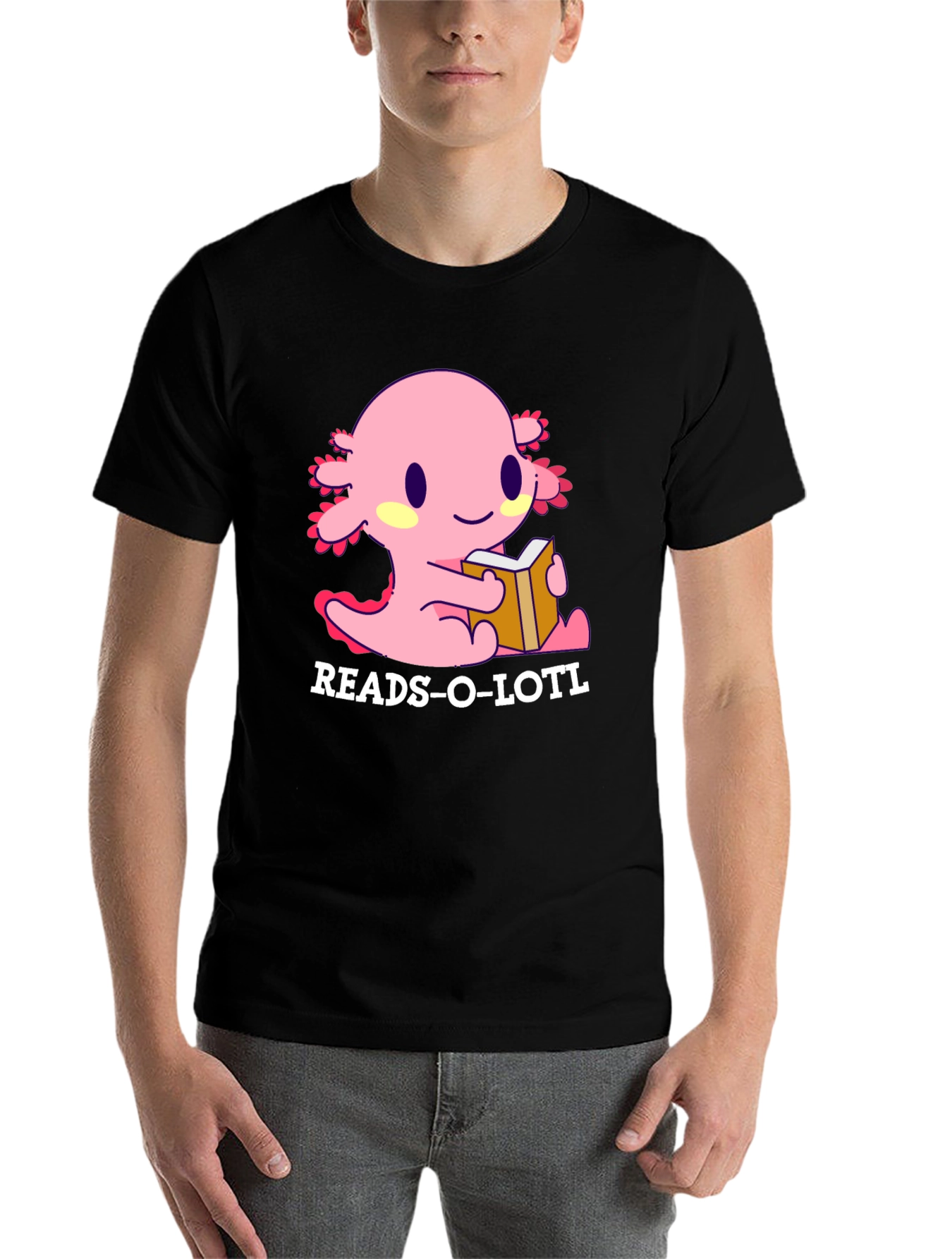 Black Reads-O-Lotl Axolotl Reading T-Shirt view 7