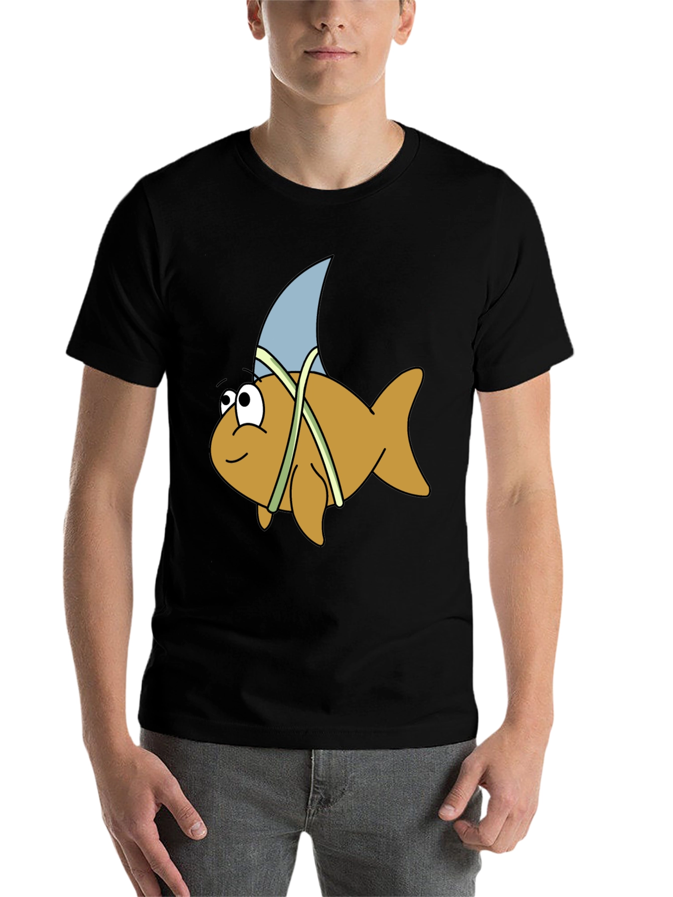 Cartoon Shark Fin Fish Black T-Shirt - 7
