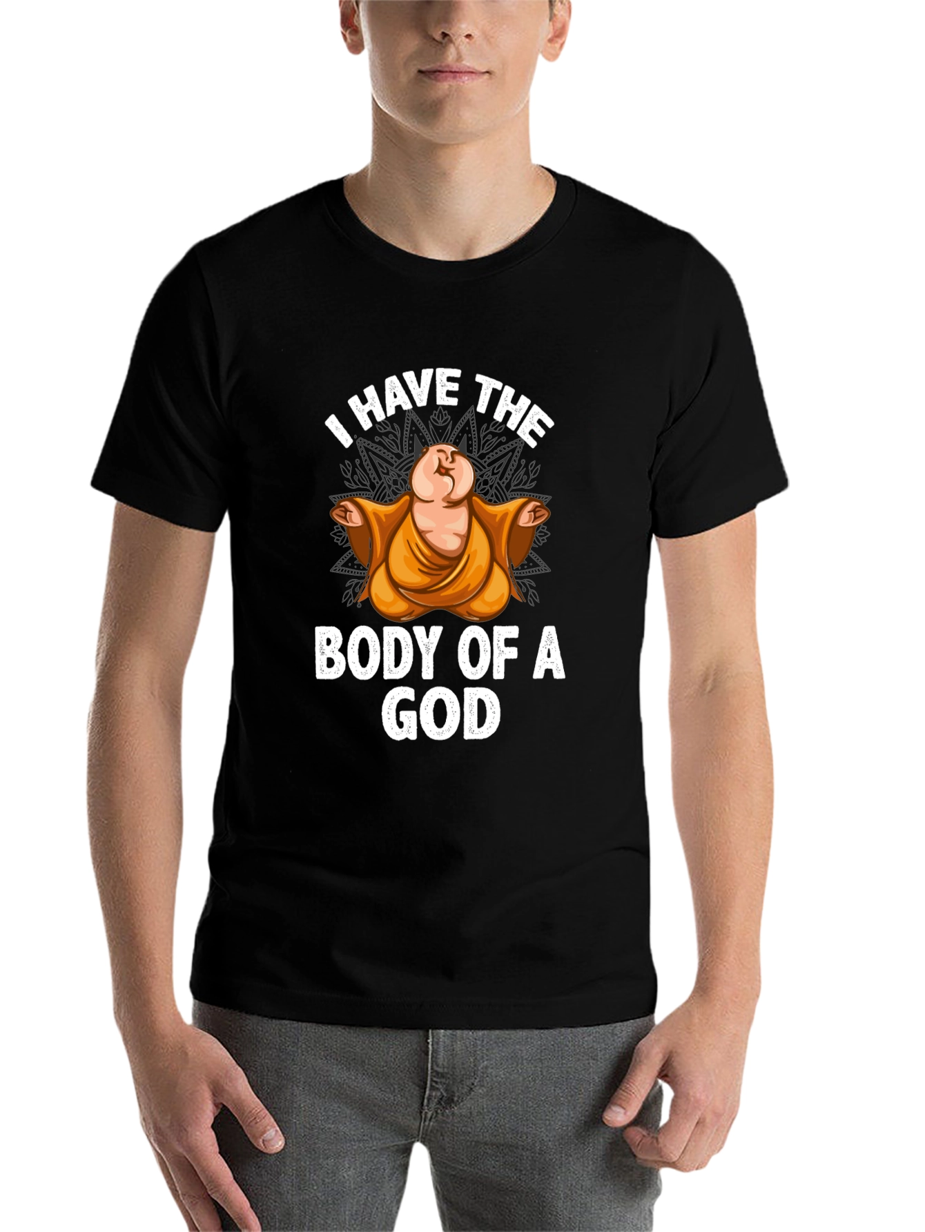 Black I Have The Body Of A God T-Shirt Funny Buddha Graphic Tee view 7