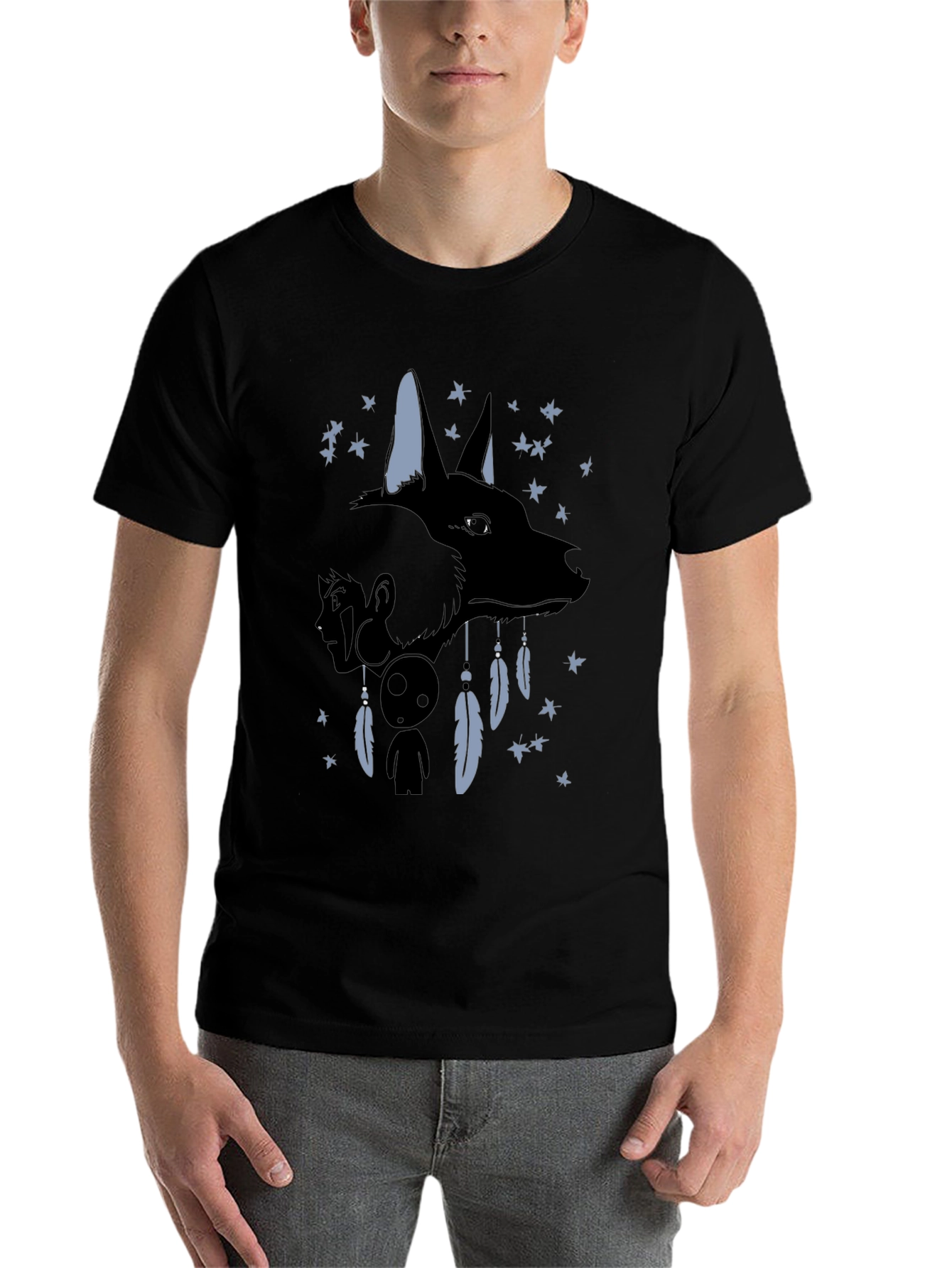 Black Anime Wolf Dreamcatcher Graphic T-Shirt view 7