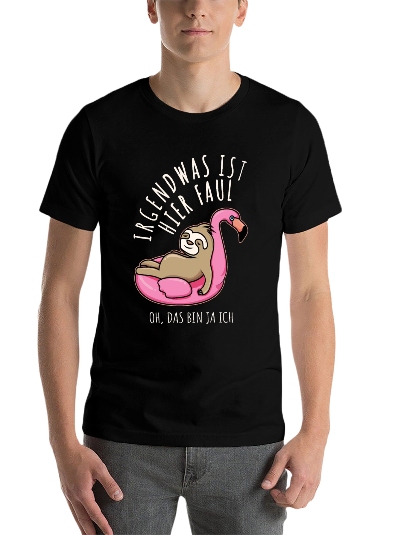 Black Lazy Sloth Flamingo Pool Float Graphic T-Shirt view 7