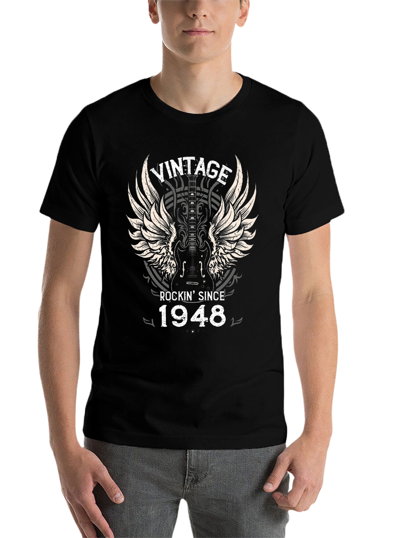 Black Vintage Rockin' Since 1948 Guitar T-Shirt view 7