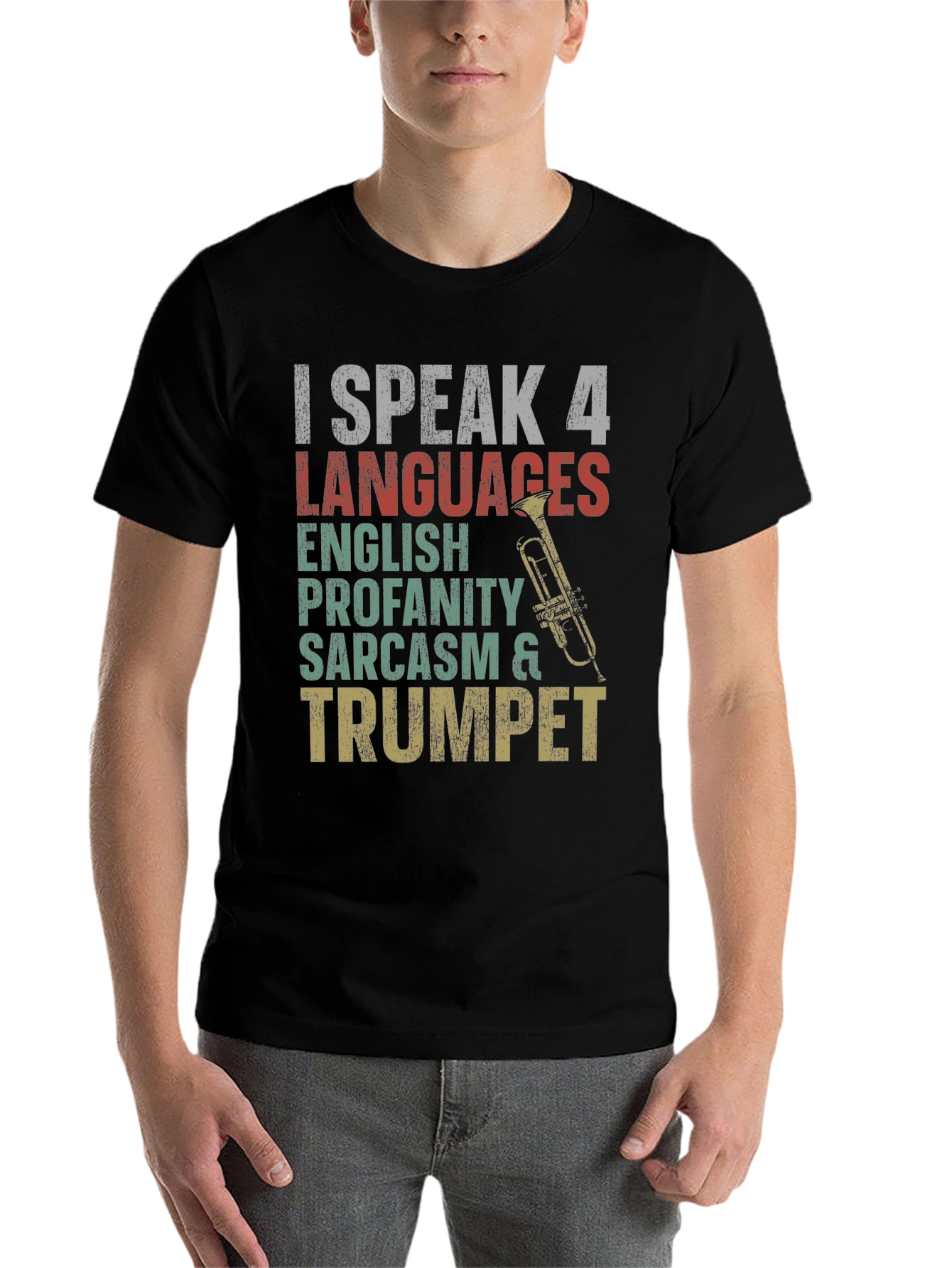 Black I Speak 4 Languages Trumpet Graphic Tee view 7