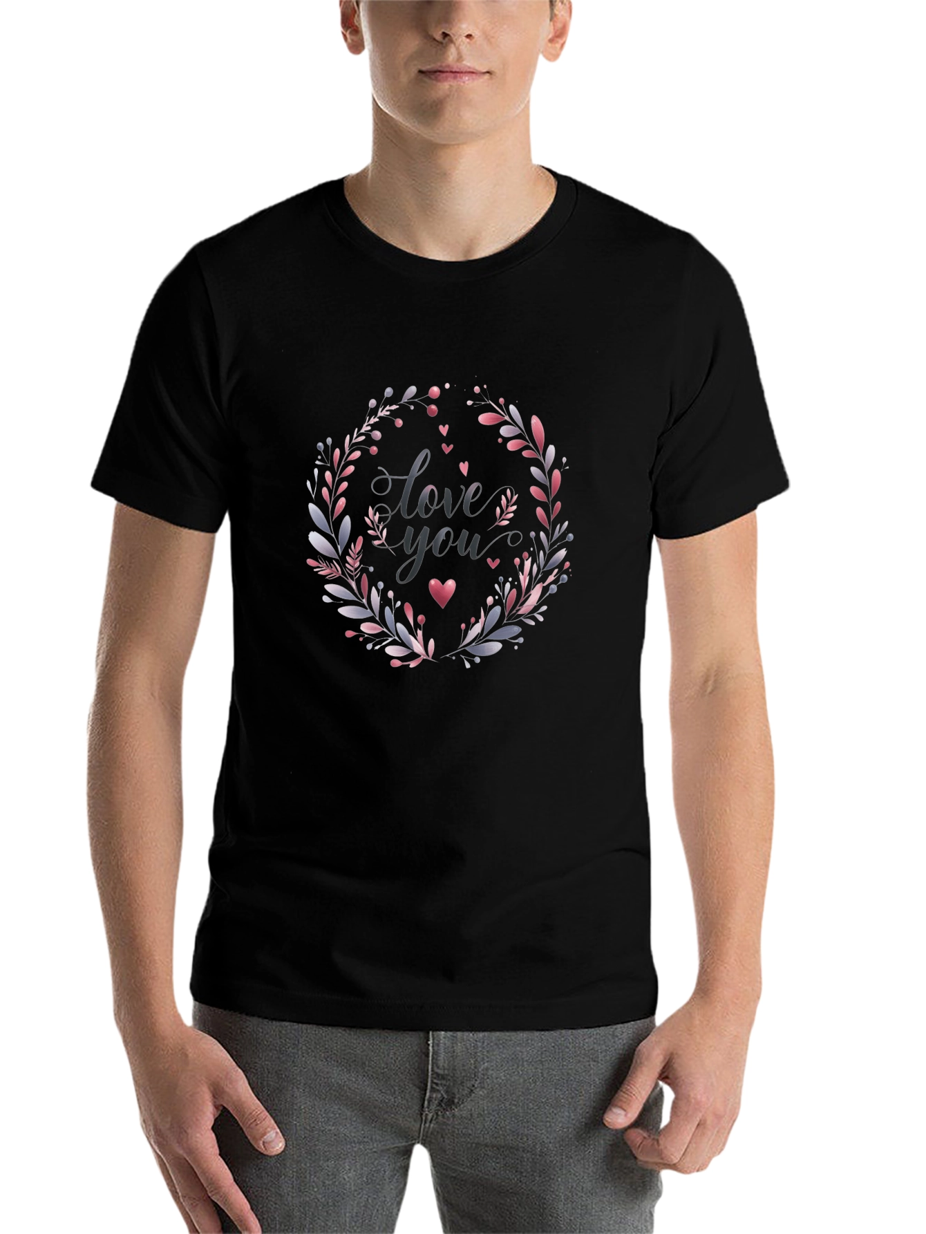 Black Love You Floral Wreath Black T-Shirt view 7