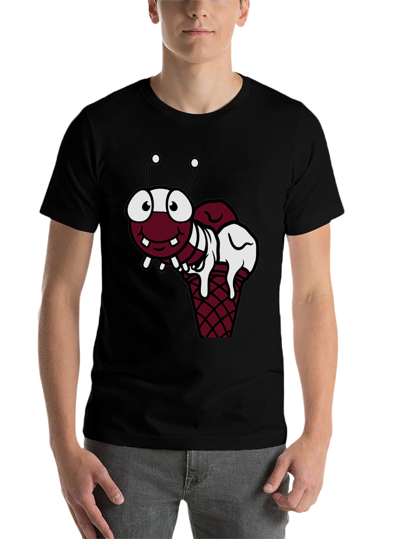 Black Funny Cartoon Ant Ice Cream Cone Black T-Shirt view 7