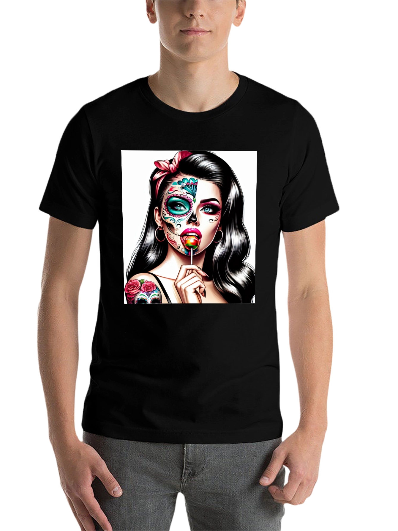 Black Sugar Skull Girl T-Shirt - Dia de los Muertos Art view 7