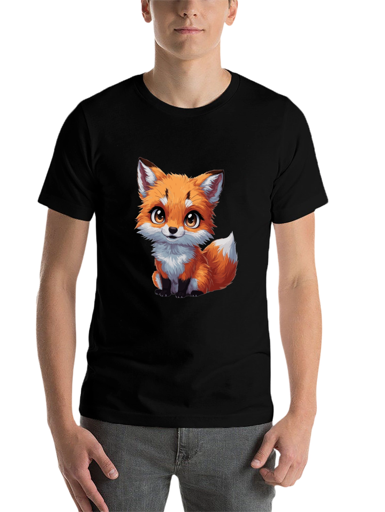 Black Cute Fox Graphic Tee - Black Cotton T-Shirt view 7