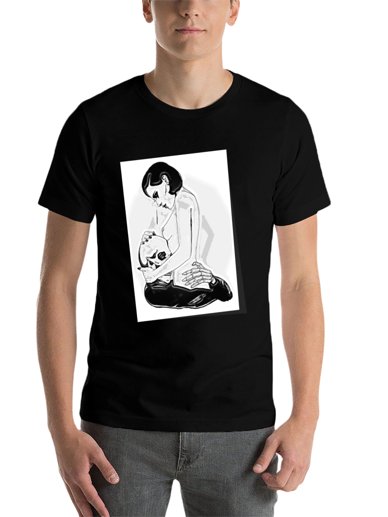 Black Graphic T-Shirt - Woman and Skull Design view 7