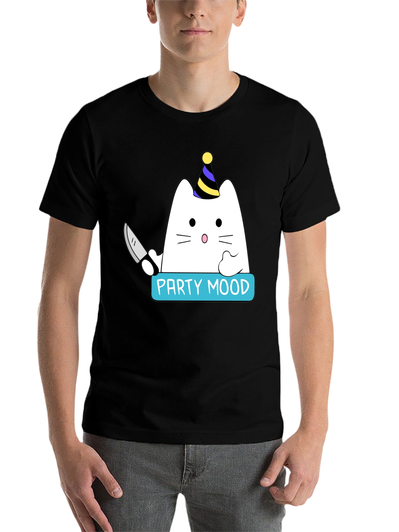 Black Party Mood Cat T-Shirt - Funny Graphic Tee view 7
