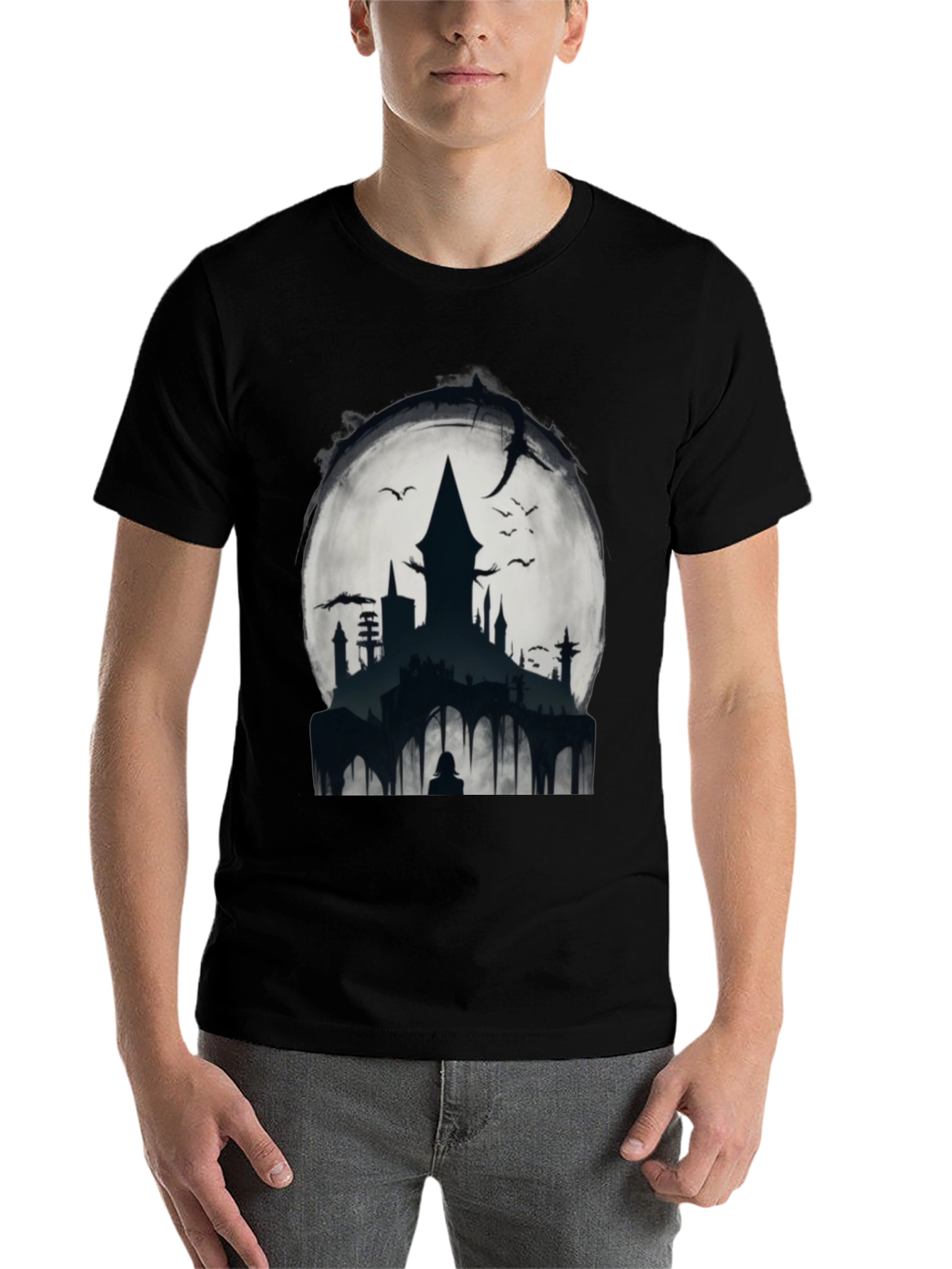 Black Moonlit Castle Graphic Tee - Gothic Style Shirt view 7
