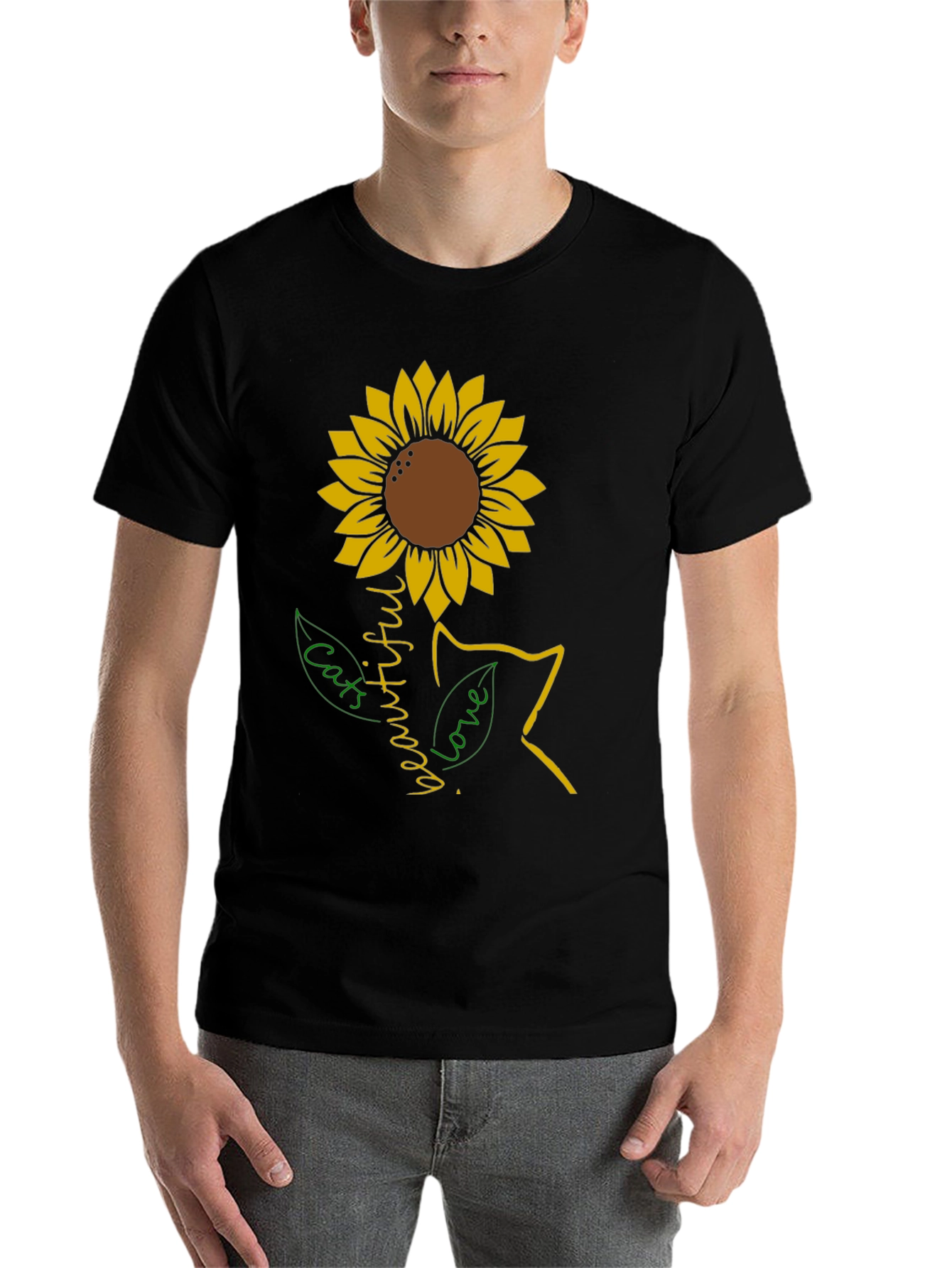 Black Sunflower Cat Lover T-Shirt view 7