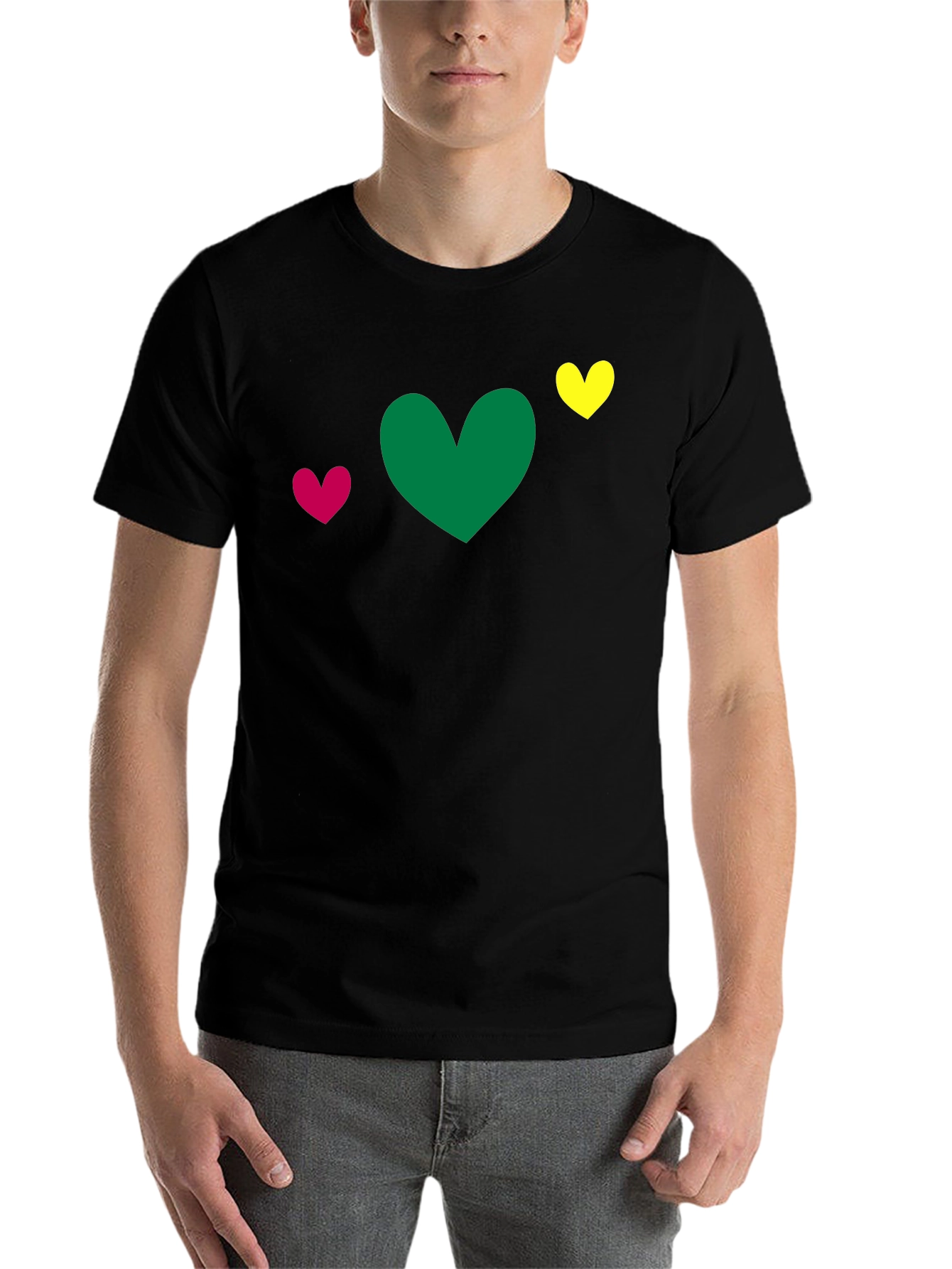 Black Heart Trio T-Shirt - Green, Pink, Yellow Hearts view 7
