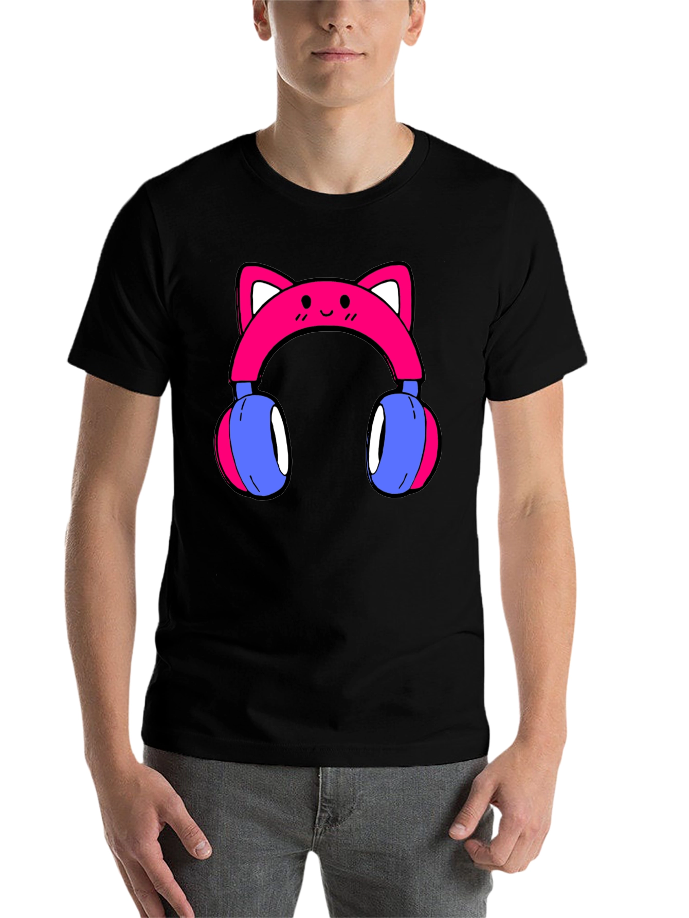Black Cute Cat Ear Headphones Graphic Tee - Black view 7
