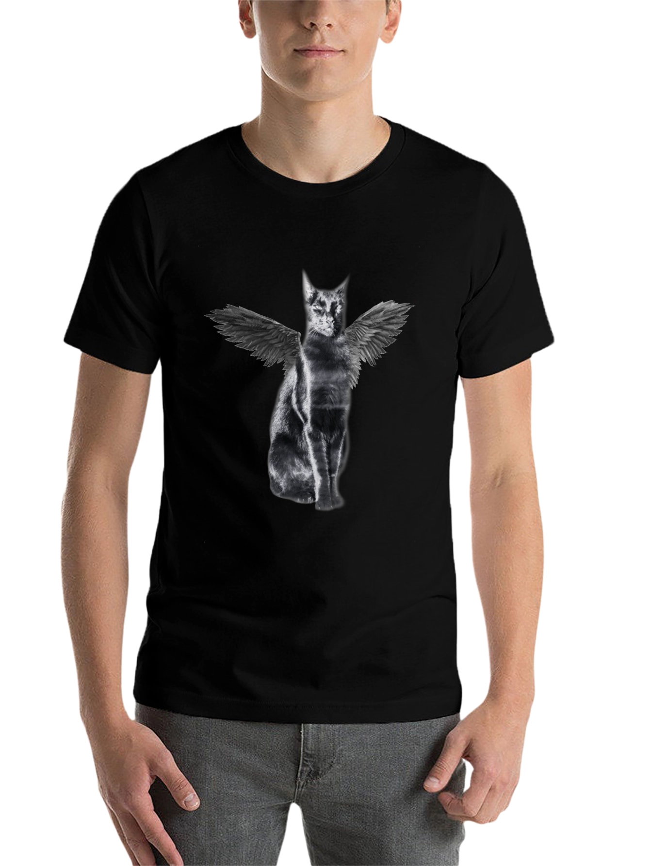 Black Winged Cat Graphic Tee - Black Cotton T-Shirt view 7