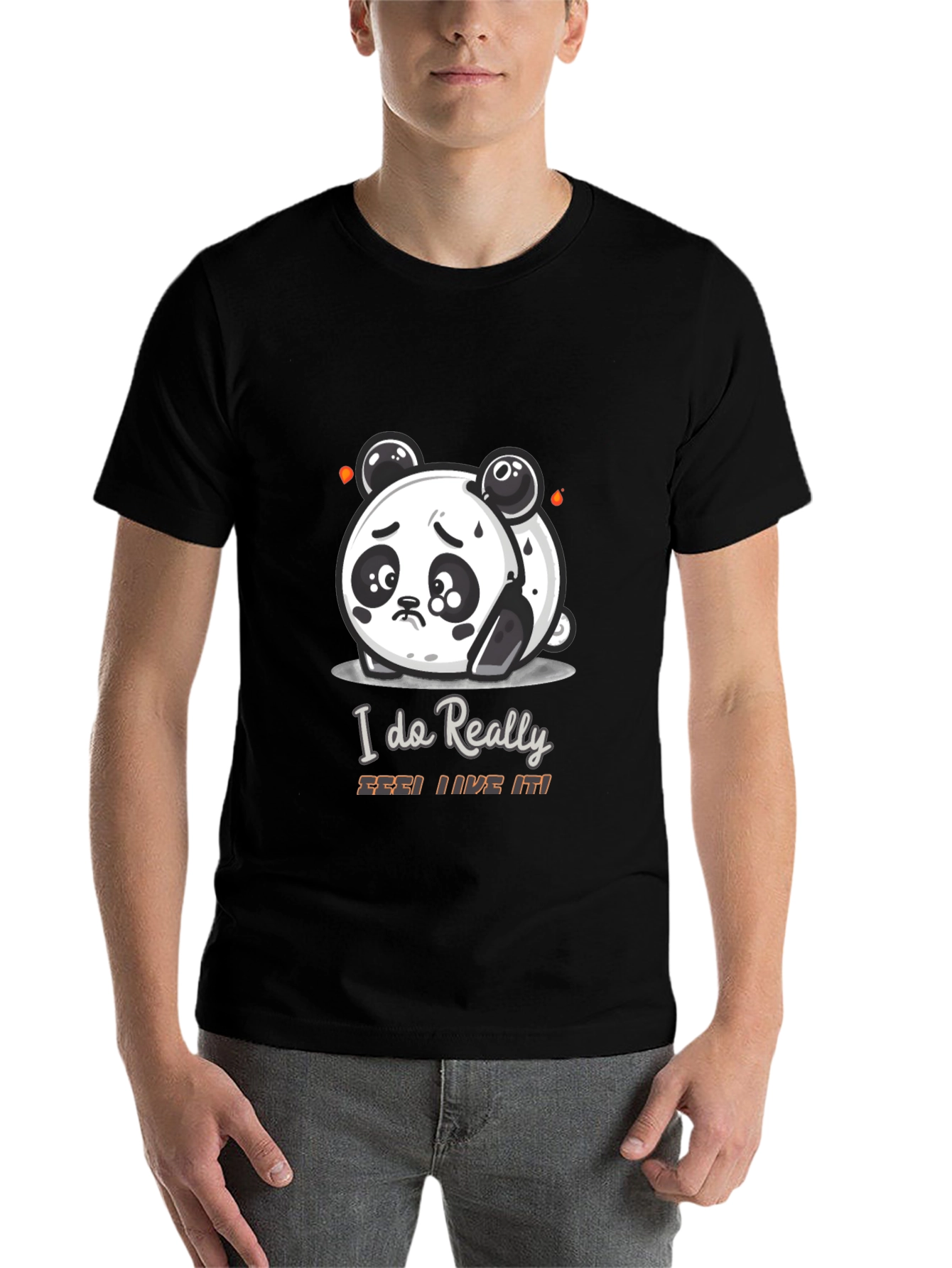 Black Sad Panda Cartoon Graphic T-Shirt view 7