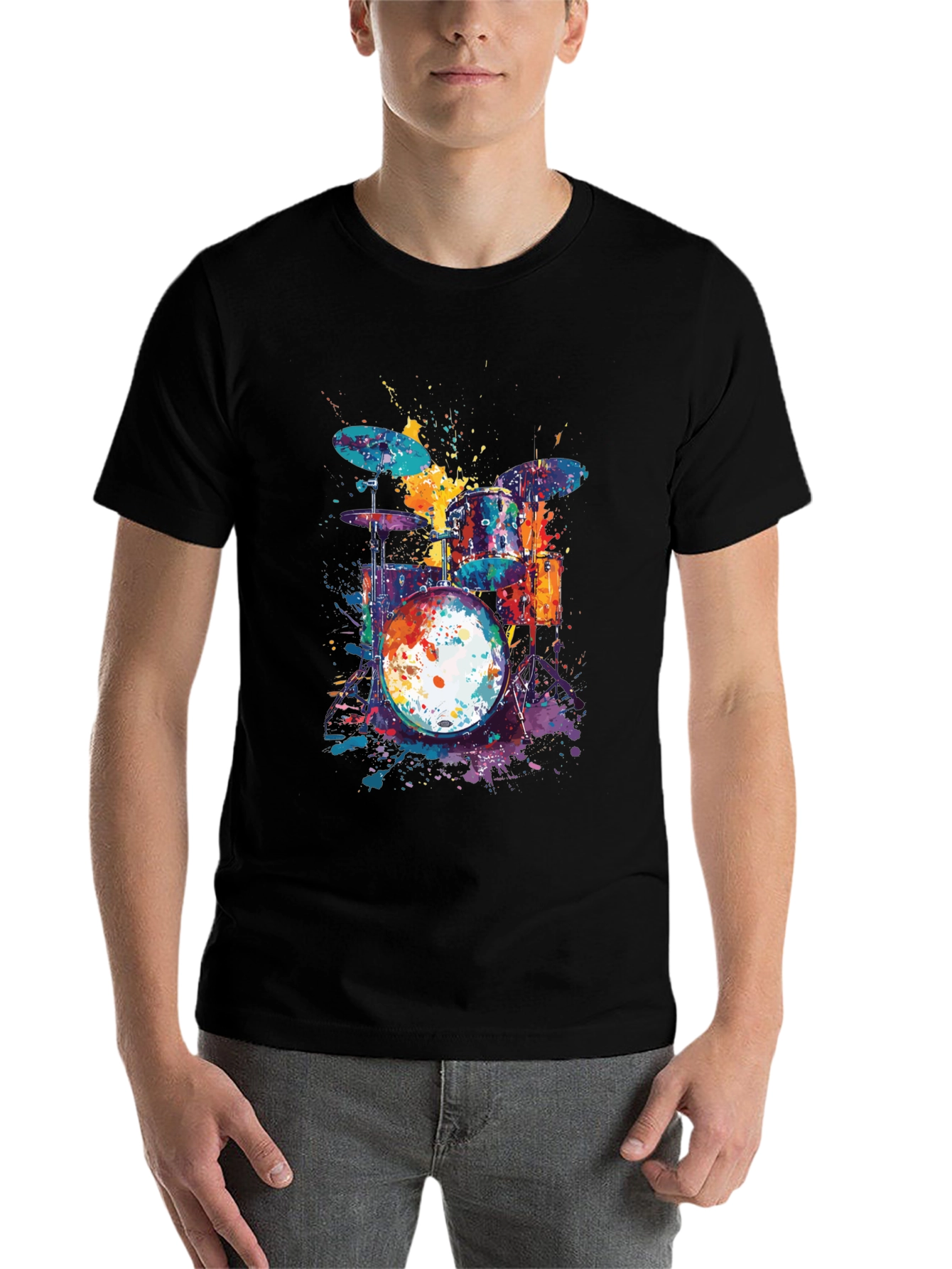 Black Colorful Drum Set T-Shirt - Music Lover Tee view 7