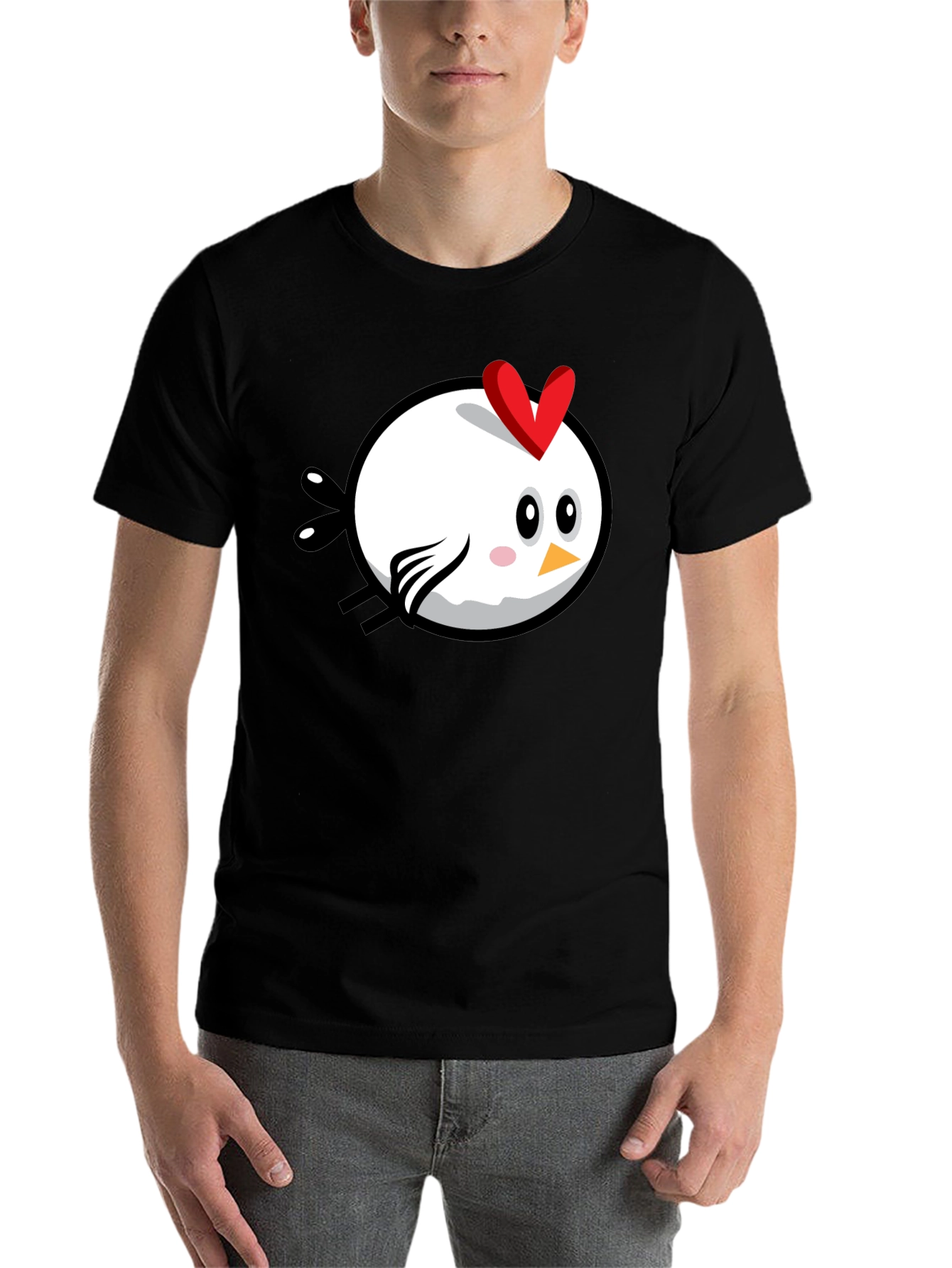 Black Cartoon Chicken Graphic Tee - Black Cotton T-Shirt view 7