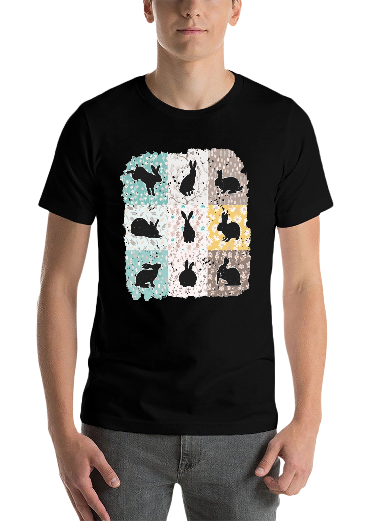 Black Rabbit Print Men's Black T-Shirt view 7